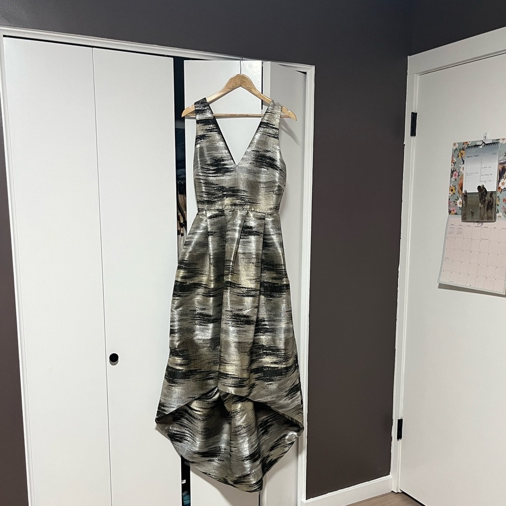 MASON HOSKER Elegant Black and Silver High-Low Dress